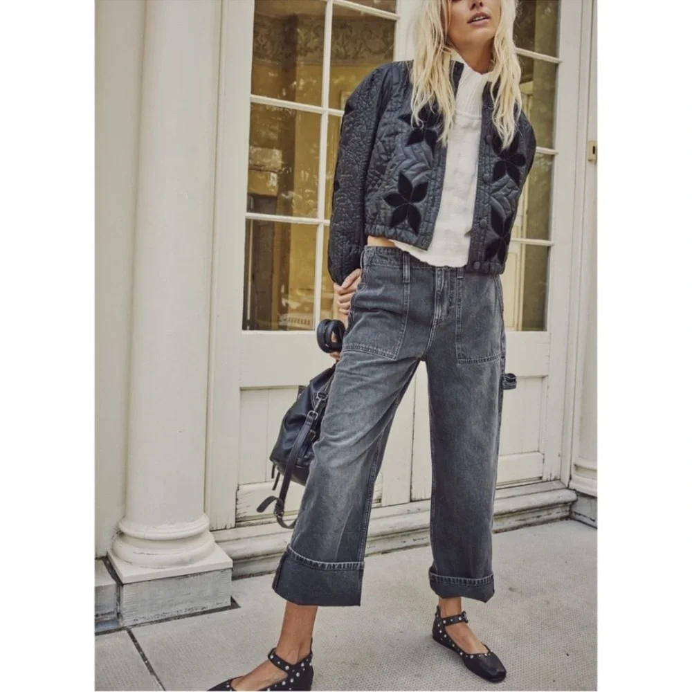 NWT FREE PEOPLE Quinn Quilted Jacket / Black Floral Bomber Satin - Picture 6 of 10